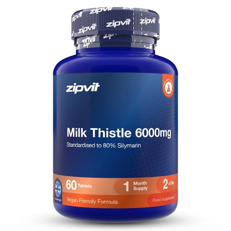 A blue plastic bottle of zipvit Milk Thistle 6000mg dietary supplement, containing 360 tablets, shown on a clean white background.