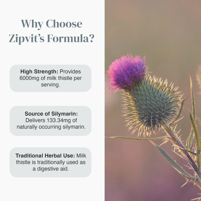 Infographic showing why choose Zipvit's formula with three gray callout boxes and a close up thistle on the right.