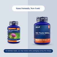 Two supplement bottles of zipvit Milk Thistle 6000mg shown on a split light gray background with text reading 'Same Formula, New Look' and a note about minimizing waste.