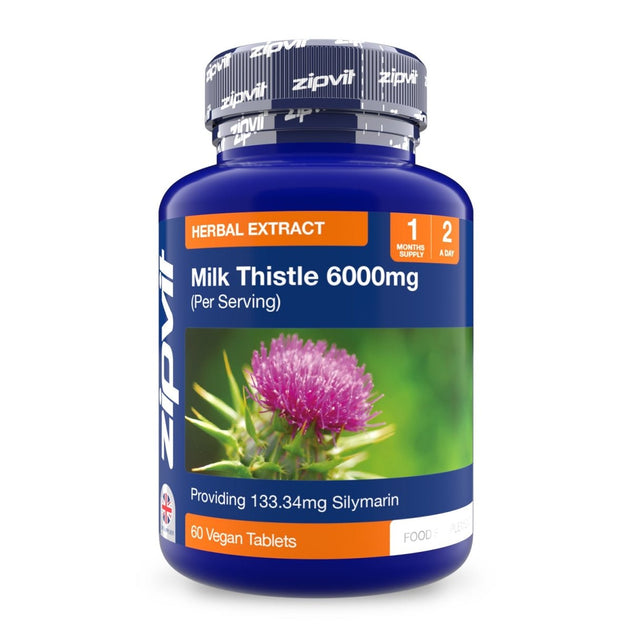 Milk Thistle 6000mg bottle features herbal extract label with a close-up of a purple thistle image