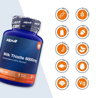A blue bottle of zipvit Milk Thistle 6000mg food supplement shown next to a column of orange circular icons indicating product attributes like GMO Free, Gluten Free, Dairy Free, Nut Free, Wheat Free, Soya Free, Fish Free, Egg Free, Shell/Fish Free, and Vegan.