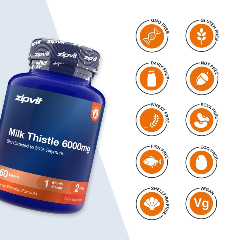 A blue bottle of zipvit Milk Thistle 6000mg food supplement shown next to a column of orange circular icons indicating product attributes like GMO Free, Gluten Free, Dairy Free, Nut Free, Wheat Free, Soya Free, Fish Free, Egg Free, Shell/Fish Free, and Vegan.