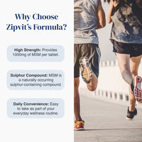 Promotional graphic for Zipit's Formula featuring text on the left explaining benefits of high strength MSM and sulphur compound, alongside a photo of two people jogging from behind on the right.