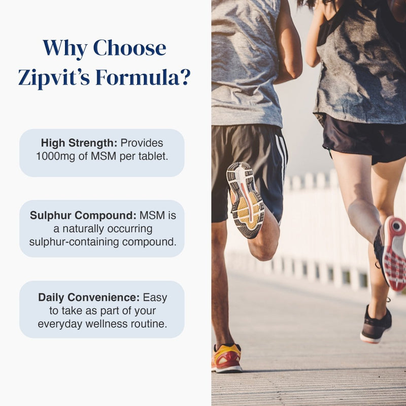 Promotional graphic for Zipit's Formula featuring text on the left explaining benefits of high strength MSM and sulphur compound, alongside a photo of two people jogging from behind on the right.