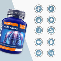 MSM 1000mg bottle beside a grid of diet and allergen icons including gluten free dairy free vegan and more