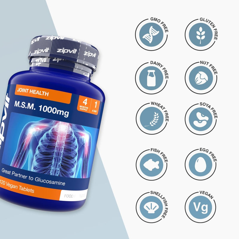 MSM 1000mg bottle beside a grid of diet and allergen icons including gluten free dairy free vegan and more