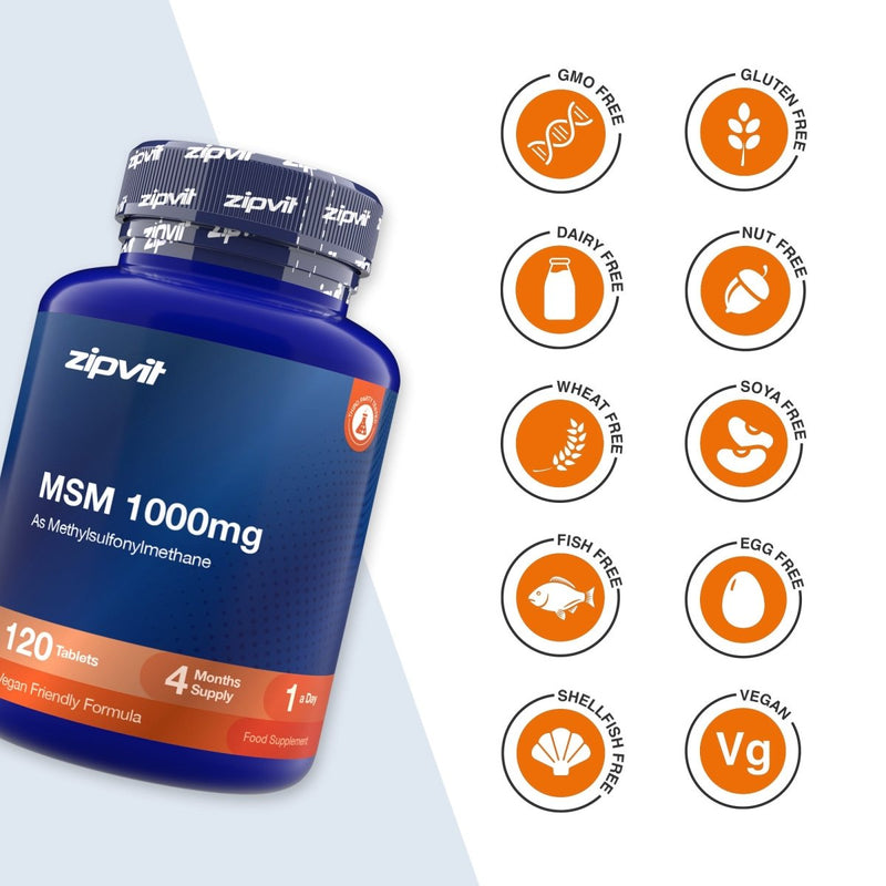 A blue bottle of zipvit MSM 1000mg dietary supplement shown on a white background with multiple orange circular icons indicating product attributes such as GMO free, gluten free, dairy free, nut free, wheat free, soy free, fish free, egg free, shellfish free, and vegan.