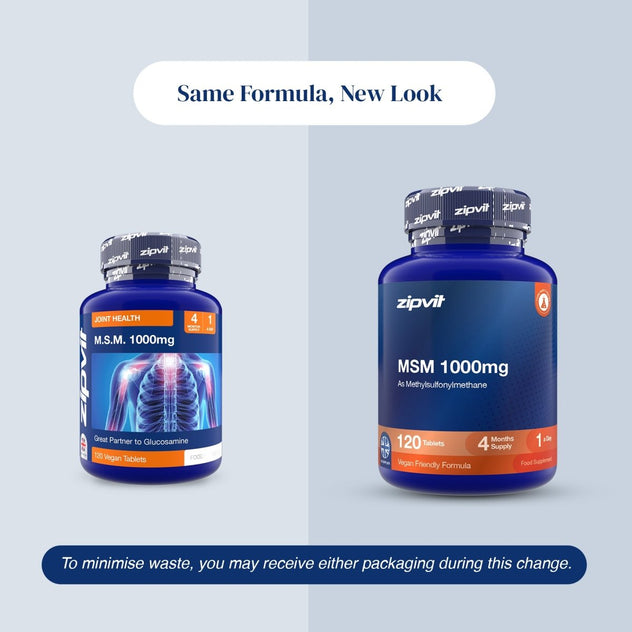 Two blue supplement bottles of zipvit MSM 1000mg shown on a light gray background with text reading 'Same Formula, New Look' and a note about minimizing waste.