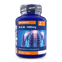 Blue MSM 1000mg bottle with orange label announcing four months supply and 120 vegan tablets