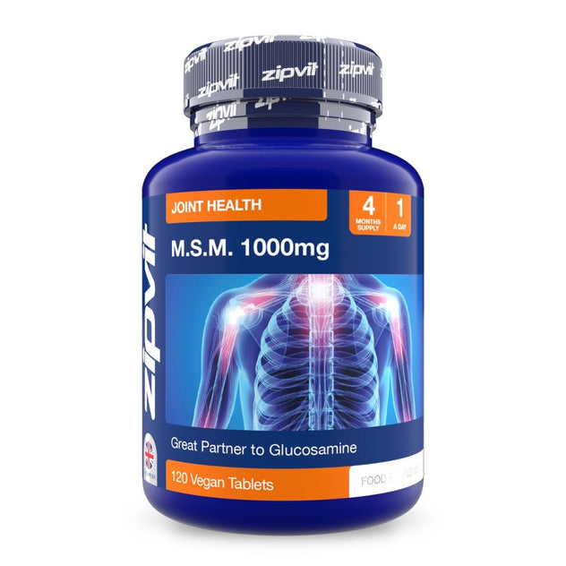 Blue MSM 1000mg bottle with orange label announcing four months supply and 120 vegan tablets
