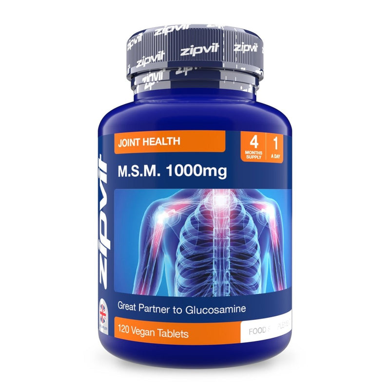 Blue MSM 1000mg bottle with orange label announcing four months supply and 120 vegan tablets