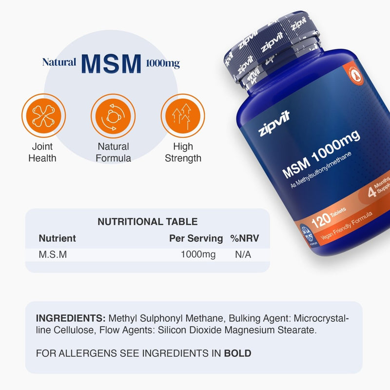 A blue bottle of zipvit Natural MSM 1000mg dietary supplement capsules shown on a light gray background with product information, icons, and a nutrition table.