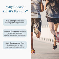 MSM 1000mg product infographic showing high strength and daily convenience with runners in motion