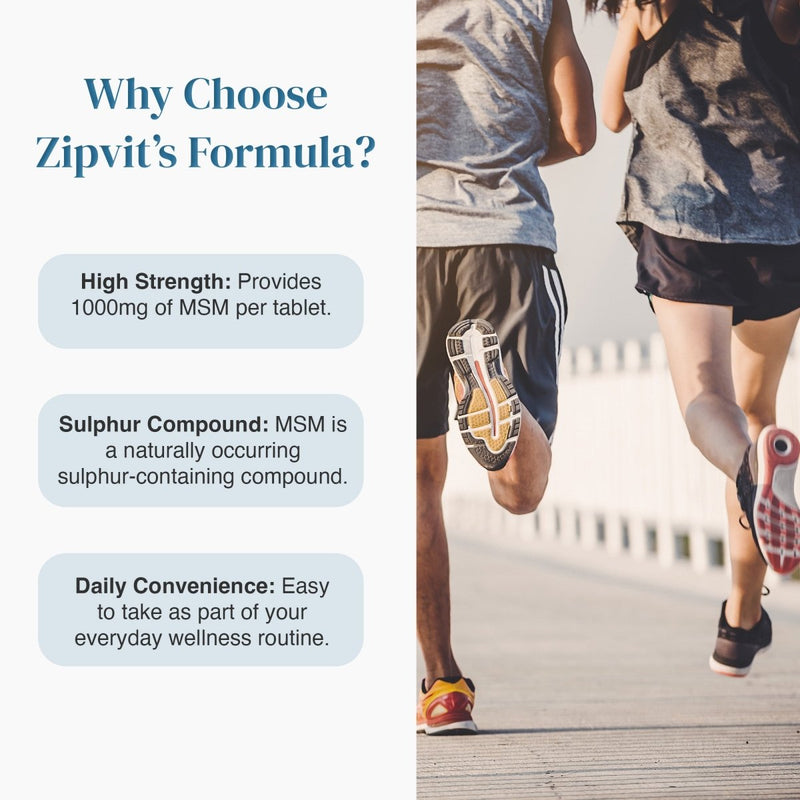 MSM 1000mg product infographic showing high strength and daily convenience with runners in motion