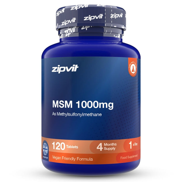 A blue plastic bottle of zipvit MSM 1000mg dietary supplement with a dark blue and orange label, containing 120 tablets.