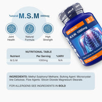 Angled MSM 1000mg bottle with nutrition facts panel and icons for Joint Health Natural Formula and High Strength