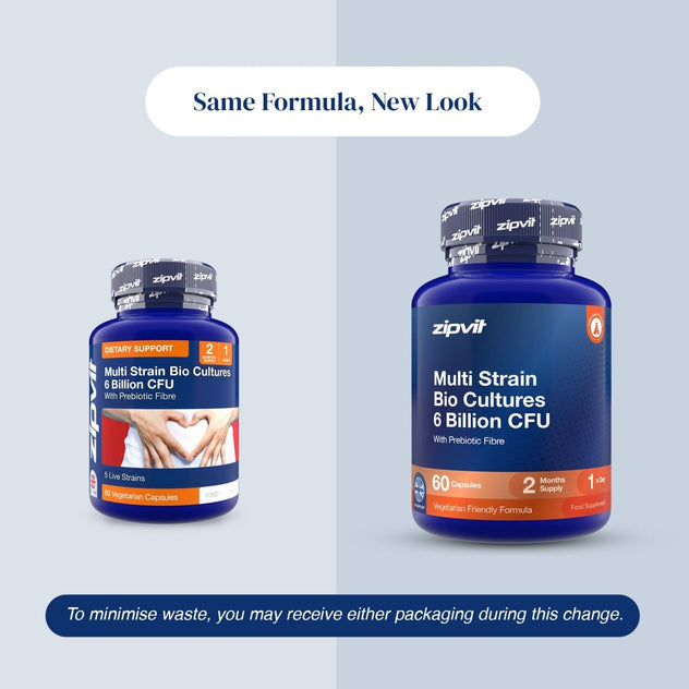 Two blue supplement bottles labeled zipvit Multi Strain Bio Cultures 6 Billion CFU shown on a pale blue background with text reading 'Same Formula, New Look' and a warning note about minimizing waste.