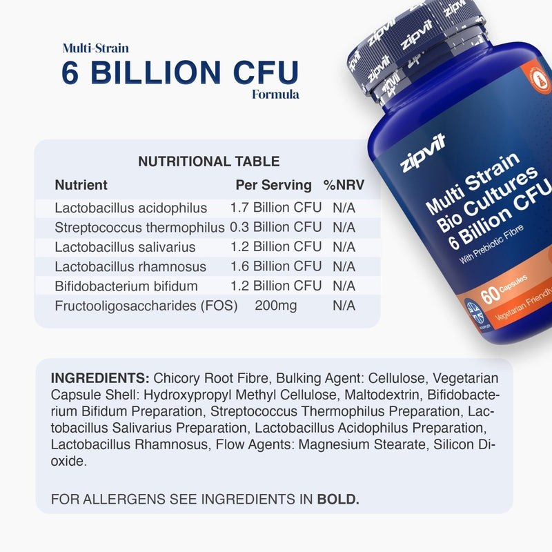 A supplement bottle labeled 'zipvi Multi Strain Bio Cultures 6 Billion CFU' shown beside a detailed product information panel on a white background. The panel includes a nutritional table and ingredients list for Lactobacillus and bifidobacterium strains.