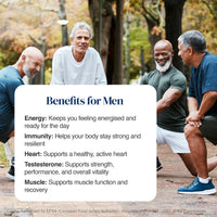 A promotional graphic with a group of four men exercising outdoors in a park, overlaid with a large white text box titled 'Benefits for Men' listing energy, immunity, heart, testosterone, and muscle benefits.