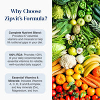 Promotional graphic for Zipvit's formula, featuring a white left panel with text about complete nutrient blend and essential vitamins, alongside a vibrant, colorful flat-lay photo of fresh vegetables and fruits on the right.
