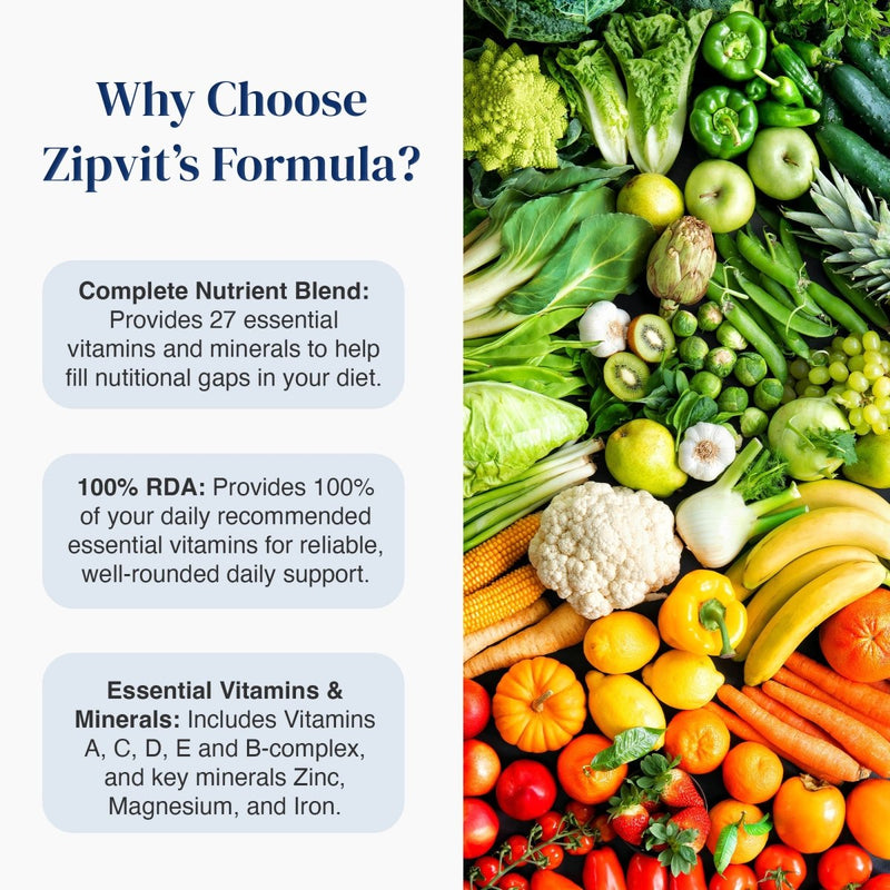 Promotional graphic for Zipvit's formula, featuring a white left panel with text about complete nutrient blend and essential vitamins, alongside a vibrant, colorful flat-lay photo of fresh vegetables and fruits on the right.