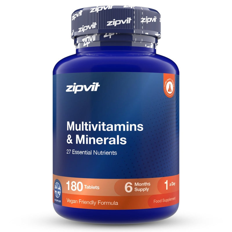 A blue plastic bottle of zipvit Multivitamins & Minerals, 360 tablets, 12 months supply, on a white background.