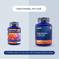 Two blue zipvit Multivitamins & Minerals supplement bottles shown on a light gray background with text reading 'Same Formula, New Look' and a note about minimizing waste.