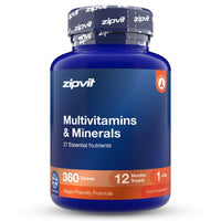 A blue plastic bottle of zipvit Multivitamins & Minerals, 360 tablets, 12 months supply, on a white background.