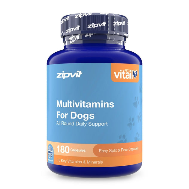 A blue plastic bottle of zipvit Vital Multivitamin For Dogs, featuring a blue and orange label with white text, on a clean white background.