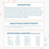 Nutritional label with ingredients, analytical constituents, and nutritional content per capsule.