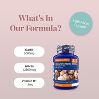 Odourless Garlic 5000mg bottle with garlic imagery and left side rounded pills listing Garlic 5000mg Allicin 13500mcg Vitamin B1 1.1mg