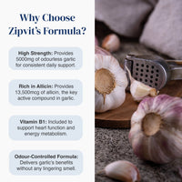 Promotional graphic for Zipvit's Formula garlic supplement, featuring text callouts on the left and a styled photo of whole garlic bulbs, garlic cloves, and a garlic press on a wooden board on the right.