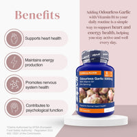 Benefits infographic showing Odourless Garlic bottle on a pedestal with left side icons and text highlighting heart health energy and nervous system support.
