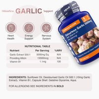 Odourless Garlic 5000mg bottle angled to show label and heart health and energy icons