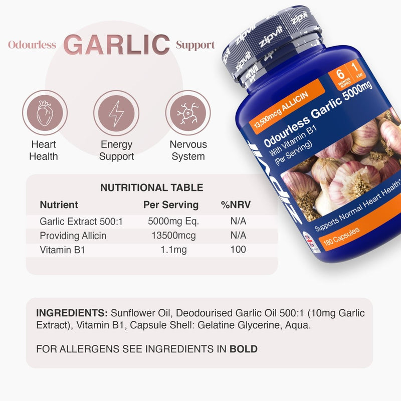 Odourless Garlic 5000mg bottle angled to show label and heart health and energy icons