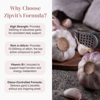 Why Choose Zipvit Odourless Garlic 5000mg infographic highlighting high strength garlic with odour control and allicin beside garlic cloves