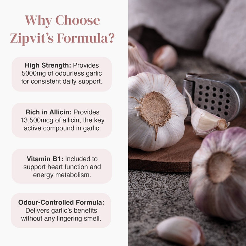 Why Choose Zipvit Odourless Garlic 5000mg infographic highlighting high strength garlic with odour control and allicin beside garlic cloves