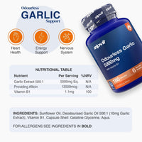 A bottle of zipvit Odourless Garlic 5000mg supplement shown on a light gray background with product information, icons for heart health, energy support, and nervous system support, and a nutritional table.