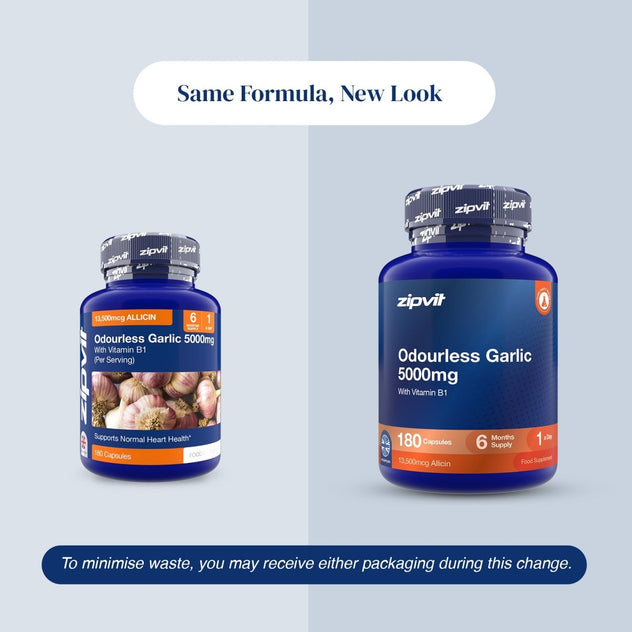 Two blue supplement bottles of zipvit Odourless Garlic 5000mg are shown on a pale blue background with text reading 'Same Formula, New Look' and a note about possible replacement packaging.