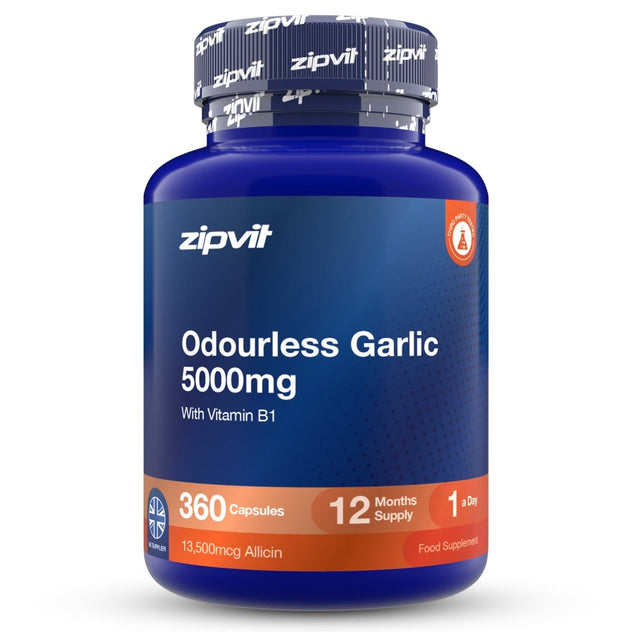 A blue plastic bottle of zipvit Odourless Garlic 5000mg capsules with a dark blue and orange label, on a white background.