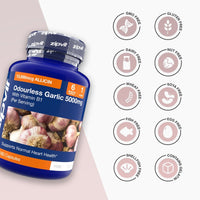 Odourless Garlic 5000mg bottle with free from icons including GMO free gluten free dairy free nut free wheat free soya free fish free egg free shellfish free and contains gelatin
