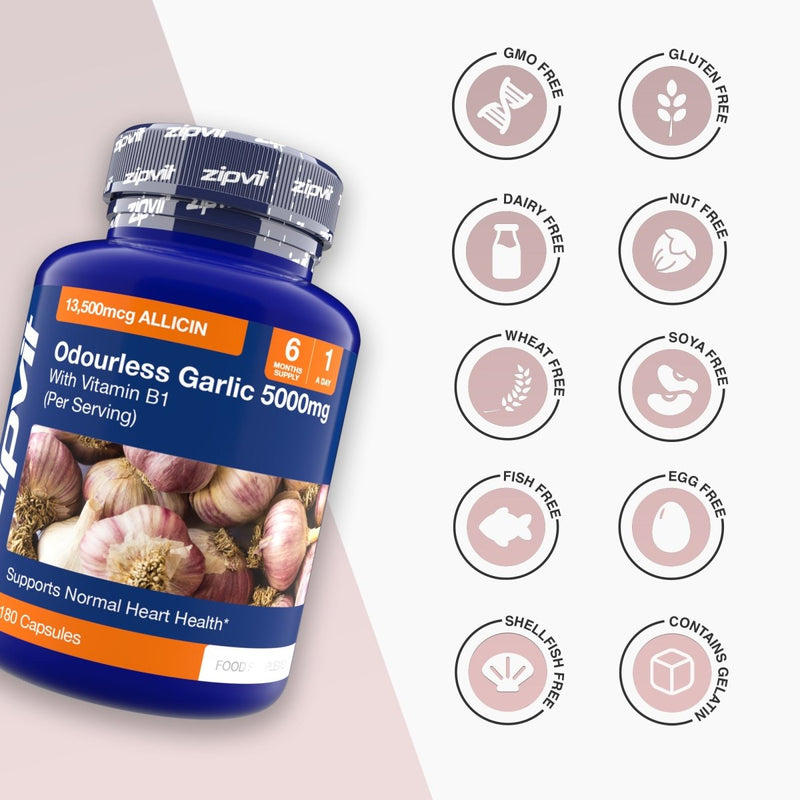 Odourless Garlic 5000mg bottle with free from icons including GMO free gluten free dairy free nut free wheat free soya free fish free egg free shellfish free and contains gelatin
