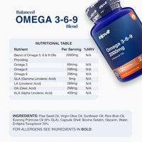 A blue bottle of zipvit Omega 3-6-9 2000mg essential oils supplement shown next to a light blue information card displaying the nutritional table and ingredients list.