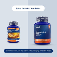 Two blue supplement bottles of zipvit Omega 3-6-9 2000mg shown side by side on a light gray background, with text reading 'Same Formula, New Look' and a note about minimizing waste.