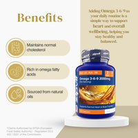 Benefits infographic for Omega 3-6-9 showing bullet points about natural oil blend beside the bottle.