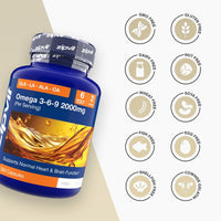 Blue Omega 3-6-9 bottle with allergen free icons displayed to the right.