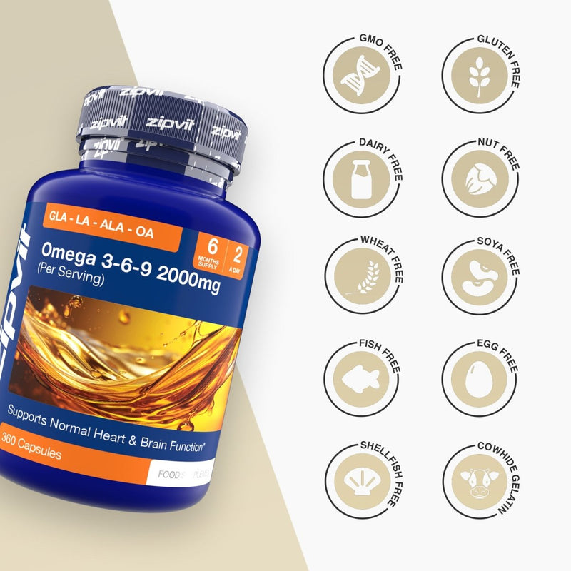 Blue Omega 3-6-9 bottle with allergen free icons displayed to the right.