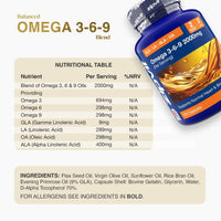 Blue Omega 3-6-9 supplement bottle with orange label beside a nutritional table.