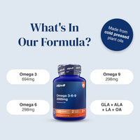 A product infographic for zipvit Omega 3-6-9 dietary supplements. The central subject is a blue bottle of omega-3 oil capsules, surrounded by white rounded text boxes detailing the supplement ingredients (Omega 3, 6, 9, GLA, ALA, LA, OA) and a dark blue circular badge stating 'Made from cold pressed plant oils'.