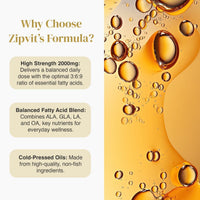 Why Choose Zipvit's Formula infographic with high strength 2000mg balanced fatty acids and cold pressed oils beside the Omega bottle.